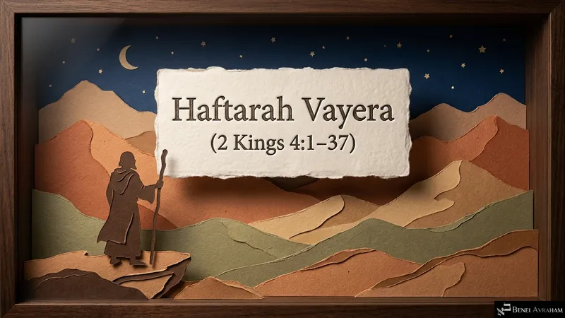 Title slide for the Haftarah of Vayera: a prophet with his staff looks out over paper-cut hills by moonlight (2 Kings 4:1–37).
