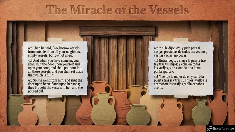 “The Miracle of the Vessels”: empty jars gather at a shut door as Elisha tells the widow to borrow vessels (2 Kings 4:3–5).