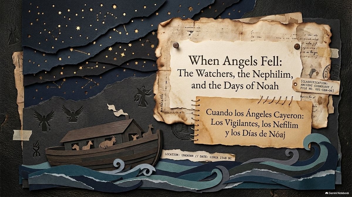 Portada: «Cuando los Ángeles Cayeron: Los Vigilantes, los Nefilim y los Días de Nóaj» (en inglés, «When Angels Fell»), en papel rasgado sobre un cielo estrellado, con el arca de Nóaj sobre olas de papel.