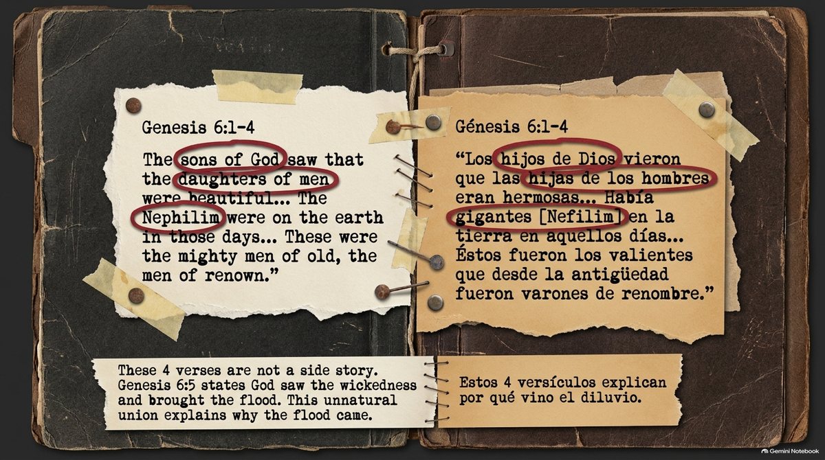 Génesis 6:1–4 en inglés y en español en notas sujetas con alfileres, con «hijos de Elohim», «hijas de los hombres» y «nefilim» encerrados en rojo. Una nota dice: «Estos 4 versículos explican por qué vino el diluvio».