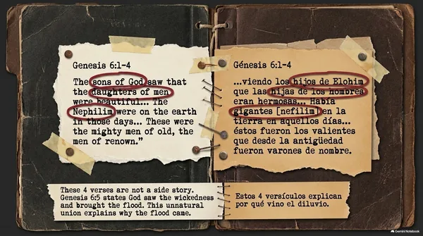 Genesis 6:1–4 in English and Spanish on pinned notes, with “sons of God,” “daughters of men” and “Nephilim” circled in red. A note below reads: “These 4 verses are not a side story… This unnatural union explains why the flood came.”
