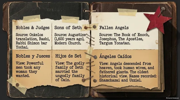 Three answers in an open file, in English and Spanish: Nobles & Judges (Onkelos, Rashi, Rabbi Shimon bar Yochai), Sons of Seth (Augustine and the modern church), and Fallen Angels (the Book of Enoch, Josephus, the Apostles, Targum Yonatan).