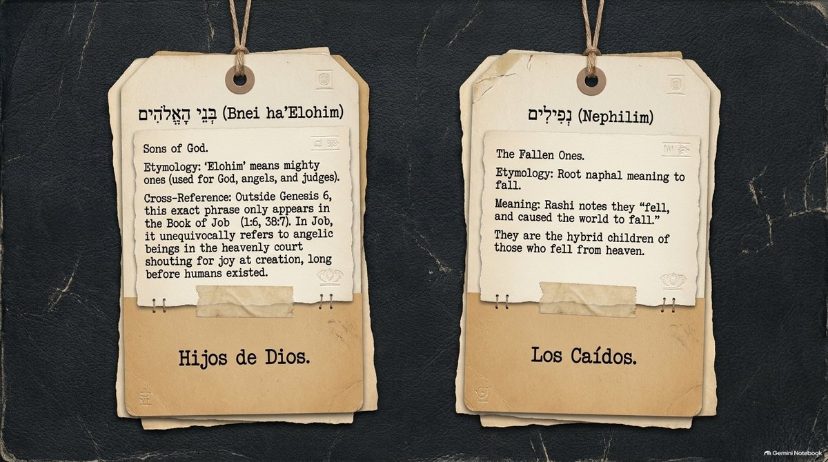 Dos etiquetas colgantes: «בְּנֵי הָאֱלֹהִים (Benei ha-Elohim), Hijos de Elohim», frase que fuera de Génesis 6 solo aparece en Job, para los ángeles de la corte celestial; y «נְפִילִים (Nefilim), Los Caídos», de la raíz nafal, «caer».