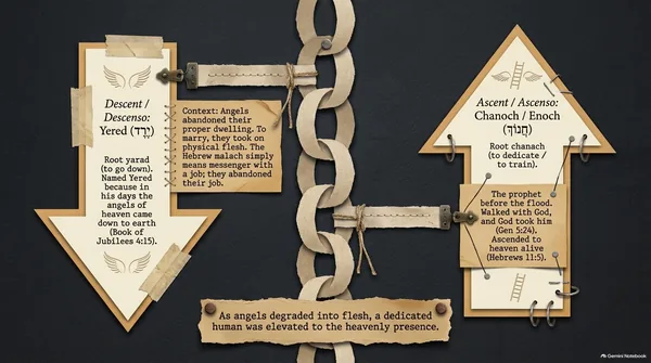 A downward arrow, “Descent: Yered (יֶרֶד),” named because the angels came down in his days (Jubilees 4:15), and an upward arrow, “Ascent: Chanoch / Enoch (חֲנוֹךְ),” who walked with God and was taken up alive (Genesis 5:24; Hebrews 11:5). A paper chain joins them: “As angels degraded into flesh, a dedicated human was elevated to the heavenly presence.”