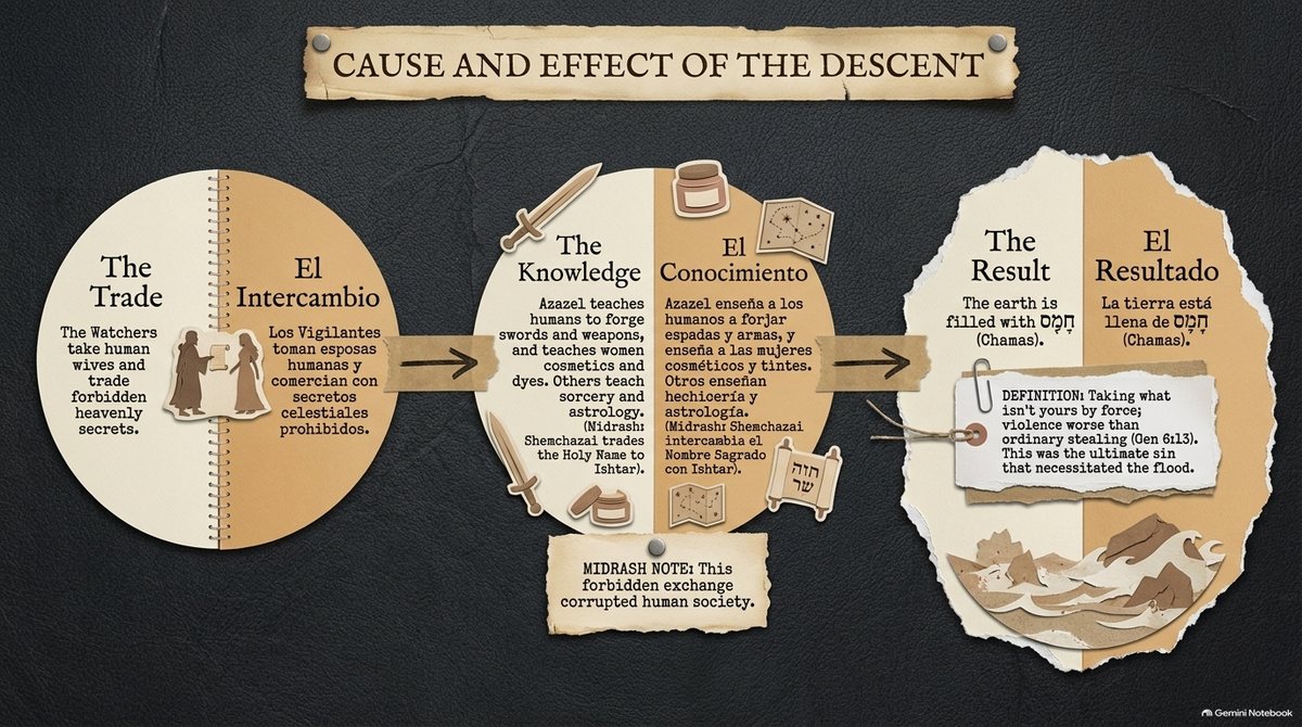 «Causa y efecto del descenso», en inglés y en español: El Intercambio (los Vigilantes toman esposas humanas y comercian con secretos celestiales prohibidos), El Conocimiento (Azazel enseña espadas, armas, cosméticos y tintes; otros enseñan hechicería y astrología) y El Resultado (la tierra está llena de jamás, חָמָס, violencia).