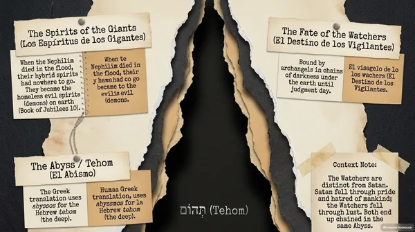 A dark chasm labeled תְּהוֹם (Tehom), with notes: The Spirits of the Giants, who became the homeless evil spirits (Jubilees 10); The Fate of the Watchers, bound in chains of darkness until judgment day; The Abyss, the Greek abyssos for the Hebrew tehom; and a note that the Watchers are distinct from Satan.