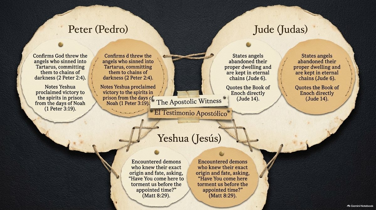 «El Testimonio Apostólico»: tres círculos unidos. Pedro: Elohim echó a los ángeles que pecaron al Tártaro (2 Pedro 2:4), y Yeshúa proclamó su victoria a los espíritus encarcelados (1 Pedro 3:19). Judas: los ángeles dejaron su habitación y están en cadenas (Judas 6), y cita a Enoc (Judas 14). Yeshúa: los demonios preguntaron: «¿Has venido acá a molestarnos antes de tiempo?» (Mateo 8:29).