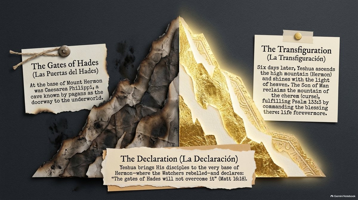 Un monte mitad quemado y mitad dorado. «Las Puertas del Hades»: al pie del monte Hermón, la cueva de Cesarea de Filipo era llamada la entrada al mundo de los muertos. «La Declaración»: «las puertas del Hades no prevalecerán contra ella» (Mateo 16:18). «La Transfiguración»: Yeshúa brilla con la luz del cielo en el monte alto (Salmo 133:3).