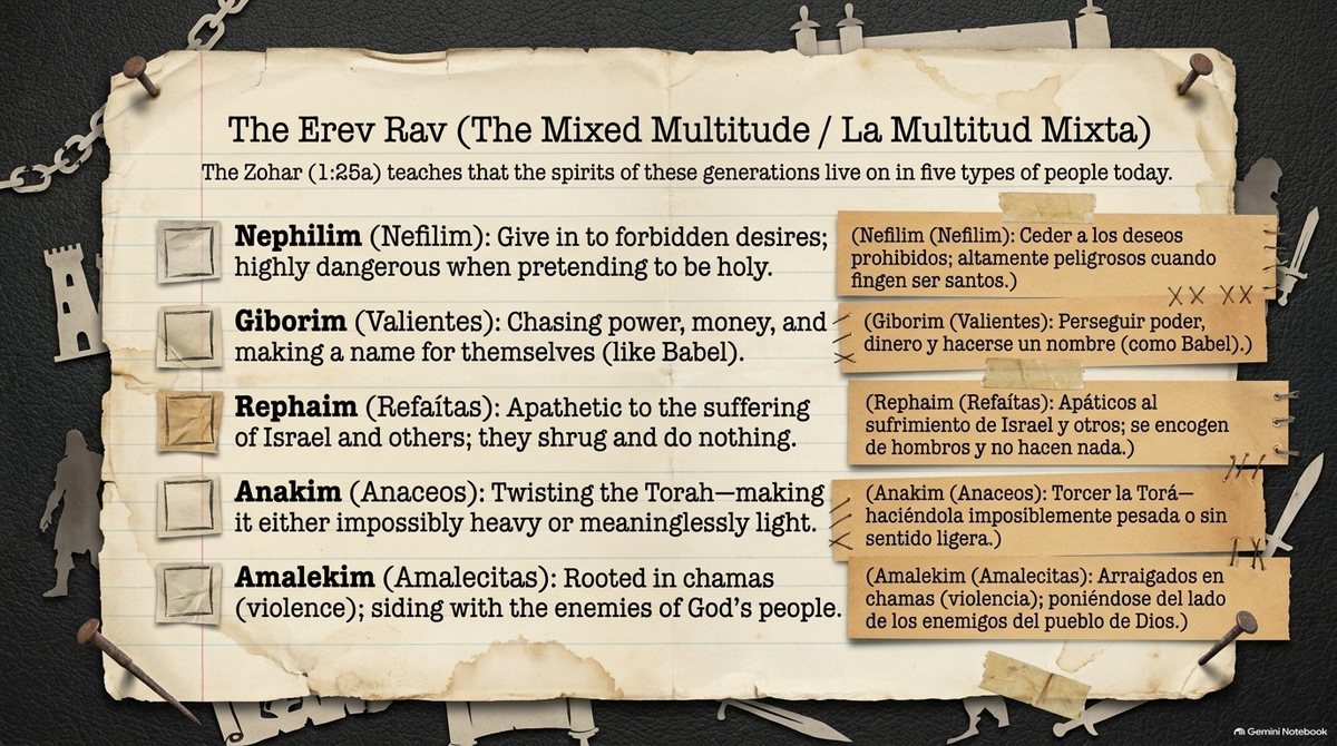 «El Érev Rav (La Multitud Mixta)»: el Zóhar (1:25a) nombra cinco tipos: Nefilim (deseos prohibidos, peligrosos cuando fingen ser santos), Guiborim (poder, dinero y hacerse un nombre), Refaím (indiferentes al sufrimiento de Israel), Anakim (hacen la Torá demasiado pesada o demasiado liviana) y Amalekim (arraigados en el jamás, del lado de los enemigos de Israel).