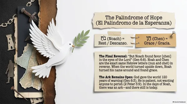 A white paper dove with an olive branch. “The Palindrome of Hope”: נֹחַ (Noach) means rest, חֵן (chen) means grace, the same two letters reversed (Genesis 6:8). “The Ark Remains Open”: God gave the world 120 years of warning; He is patient, not wanting anyone to perish (2 Peter 3:9).