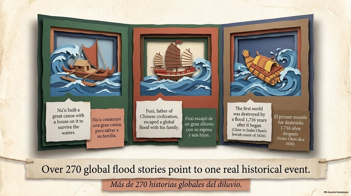 Three flood stories in paper panels: Nu’u built a great canoe with a house on it; Fuxi, father of Chinese civilization, escaped a global flood with his family; and a note that the first world was destroyed by a flood 1,716 years after it began (close to Seder Olam’s count of 1656). “Over 270 global flood stories point to one real historical event.”
