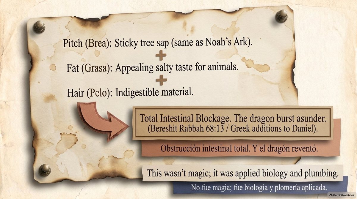 Daniel and the dragon: pitch (sticky tree sap, as on Noah’s ark), fat (an appealing salty taste) and hair (indigestible) add up to “total intestinal blockage. The dragon burst asunder” (Bereshit Rabbah 68:13; the Greek additions to Daniel). “This wasn’t magic; it was applied biology and plumbing.”