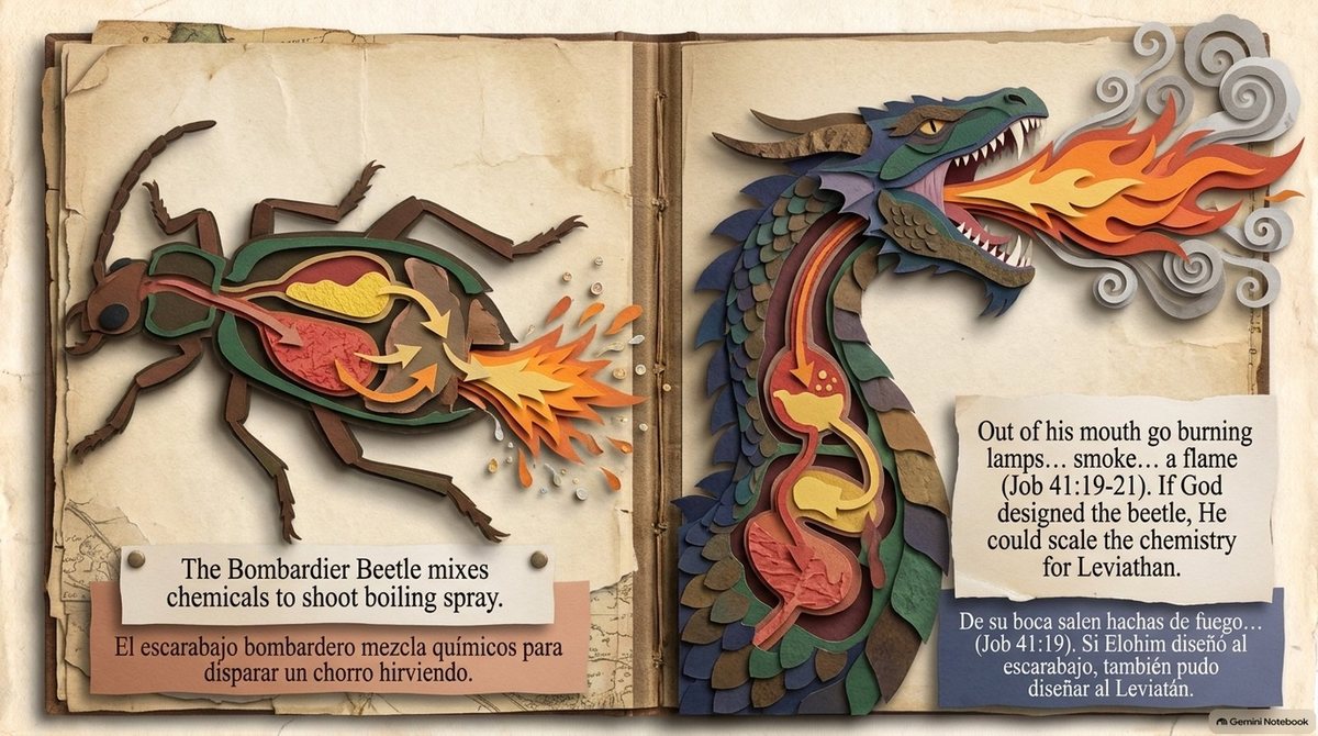 A bombardier beetle beside a fire-breathing dragon, both cut away to show their chemical chambers. “The bombardier beetle mixes chemicals to shoot boiling spray.” “Out of his mouth go burning lamps… smoke… a flame (Job 41:19–21). If God designed the beetle, He could scale the chemistry for Leviathan.”