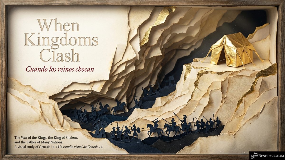 శీర్షిక స్లైడ్: “When Kingdoms Clash / Cuando los reinos chocan” (రాజ్యాలు ఢీకొన్నప్పుడు). చిరిగిన కాగితపు లోయ గుండా నల్ల కాగితపు గుర్రపు రౌతులు, రథాలు సాగుతున్నాయి; కొండ మీద ఒక బంగారు గుడారం. “రాజుల యుద్ధం, షాలేమ్ రాజు, అనేక జనాలకు తండ్రి. ఆదికాండము 14 దృశ్య అధ్యయనం.”