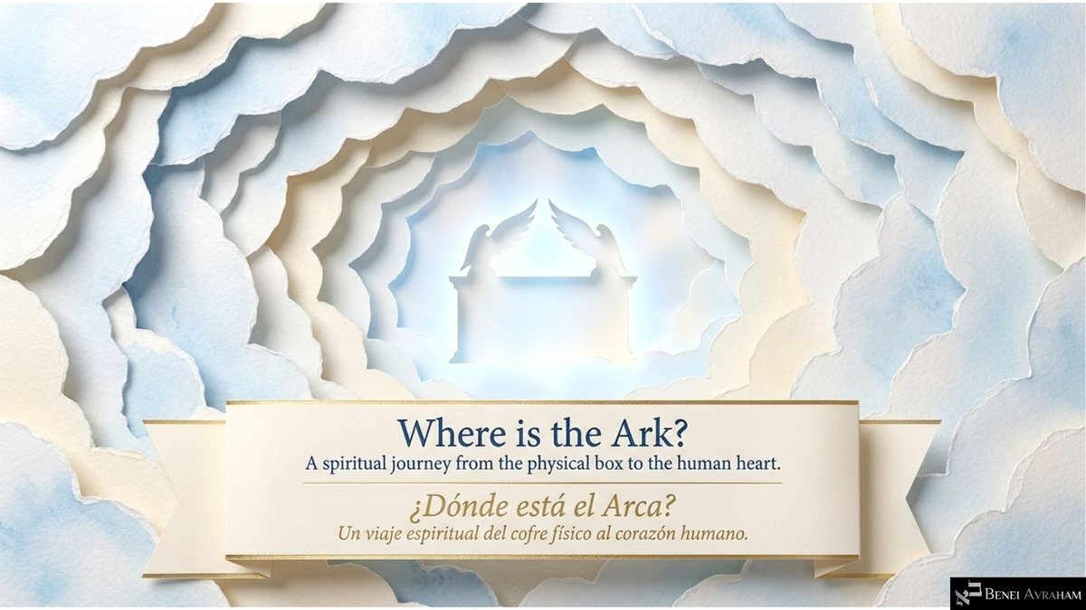 Title slide: "Where is the Ark?" and "A spiritual journey from the physical box to the human heart," with the Spanish "¿Dónde está el Arca?", on a ribbon below a glowing paper-cut silhouette of the Ark and its cherubim, framed by layers of torn-paper clouds.