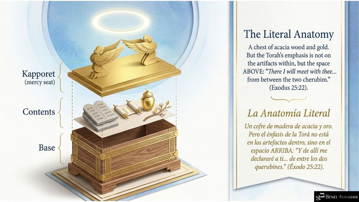"The Literal Anatomy": an exploded paper diagram of the Ark, labeled "Kapporet (mercy seat)" with two kneeling cherubim, "Contents" (the tablets, a Torah scroll, the manna jar and the budding staff) and the wood-and-gold "Base." The text says the emphasis is on the space above: "There I will meet with thee... from between the two cherubim."