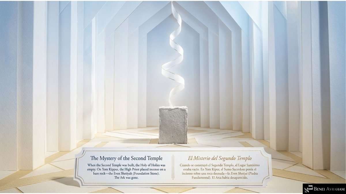 "The Mystery of the Second Temple": a bare gray stone stands in an empty white paper-cut sanctuary as a ribbon of incense rises from it. The card says the Holy of Holies was empty and the High Priest placed incense on "the Even Shetiyah (Foundation Stone)." "The Ark was gone."
