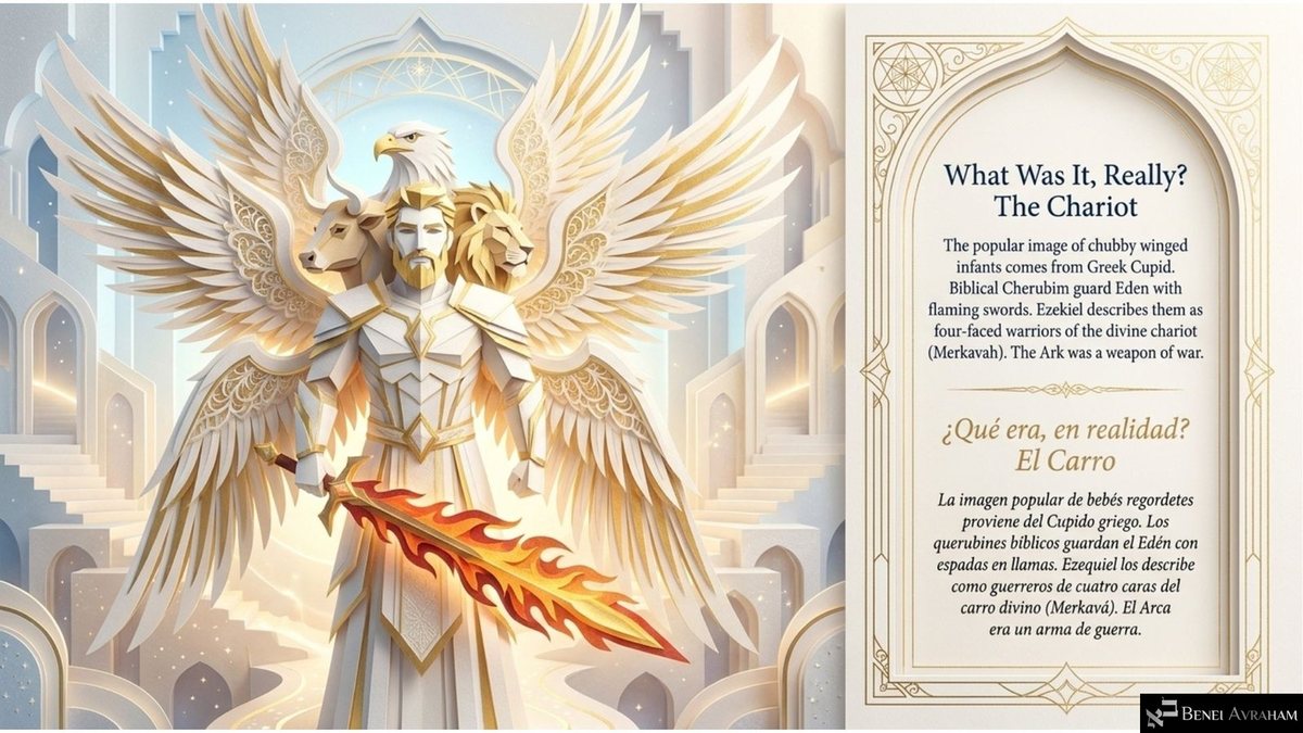 "What Was It, Really? The Chariot": a towering paper-craft cherub with the faces of a man, a lion, an ox and an eagle, great golden wings and a flaming sword. The text says the chubby-infant image comes from Greek Cupid, and that Ezekiel describes "four-faced warriors of the divine chariot (Merkavah)."
