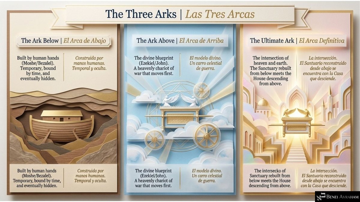 "The Three Arks": three paper panels. "The Ark Below," built by human hands, shows a wooden ark set deep in layers of earth; "The Ark Above," the divine blueprint, rides on chariot wheels in the clouds; "The Ultimate Ark" glows in a city where the Sanctuary built below meets the House descending from above.