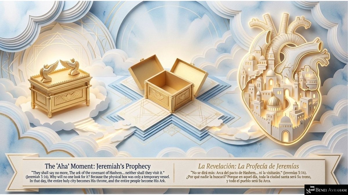 "The 'Aha' Moment: Jeremiah's Prophecy": a golden Ark on a cloud, an open empty box, and a glowing heart filled with a paper city. The text quotes Jeremiah 3:16, "They shall say no more, The ark of the covenant of Hashem," and says the whole city becomes His throne and the people His Ark.