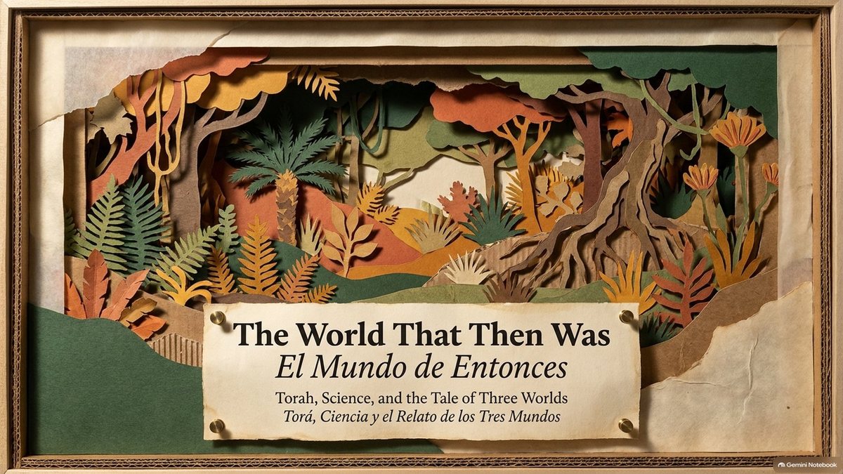 Title slide: a layered paper jungle. “The World That Then Was: Torah, Science, and the Tale of Three Worlds,” with the Spanish title “El Mundo de Entonces.”