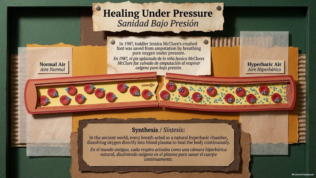 “Healing Under Pressure”: a blood vessel in normal air beside one in hyperbaric air full of dissolved oxygen. “In 1987, toddler Jessica McClure’s crushed foot was saved from amputation by breathing pure oxygen under pressure. In the ancient world, every breath acted as a natural hyperbaric chamber.”