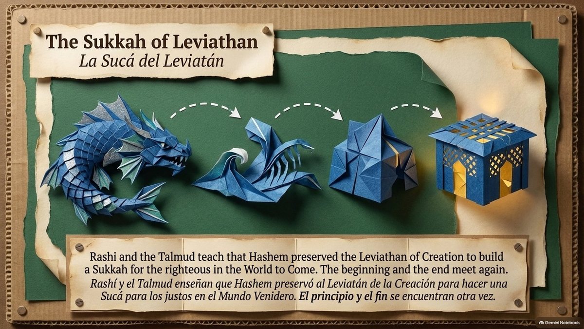 “The Sukkah of Leviathan”: an origami sea dragon folding step by step into a glowing sukkah. “Rashi and the Talmud teach that Hashem preserved the Leviathan of Creation to build a sukkah for the righteous in the World to Come. The beginning and the end meet again.”