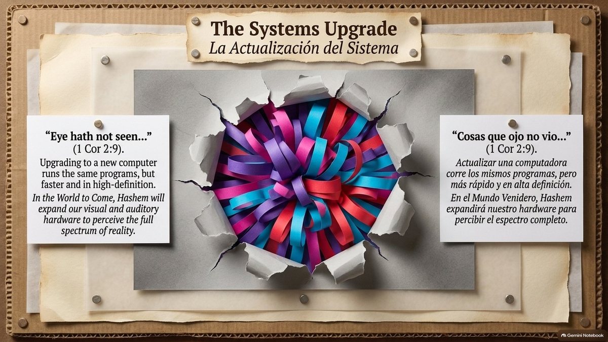 “The Systems Upgrade”: a burst of colored ribbons breaking through grey paper. “‘Eye hath not seen…’ (1 Corinthians 2:9). Upgrading to a new computer runs the same programs, but faster and in high definition. In the World to Come, Hashem will expand our visual and auditory hardware to perceive the full spectrum of reality.”
