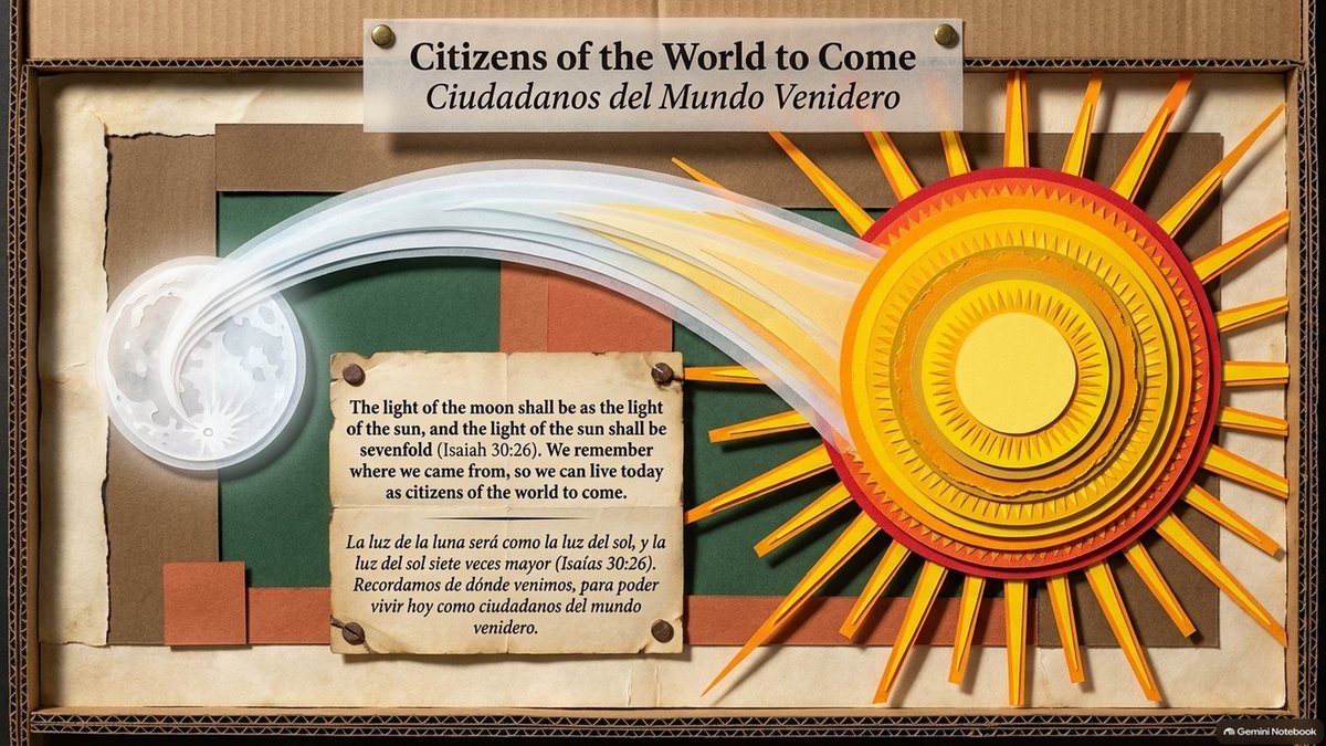 “Citizens of the World to Come”: the moon streaming toward a blazing sun. “The light of the moon shall be as the light of the sun, and the light of the sun shall be sevenfold (Isaiah 30:26). We remember where we came from, so we can live today as citizens of the world to come.”