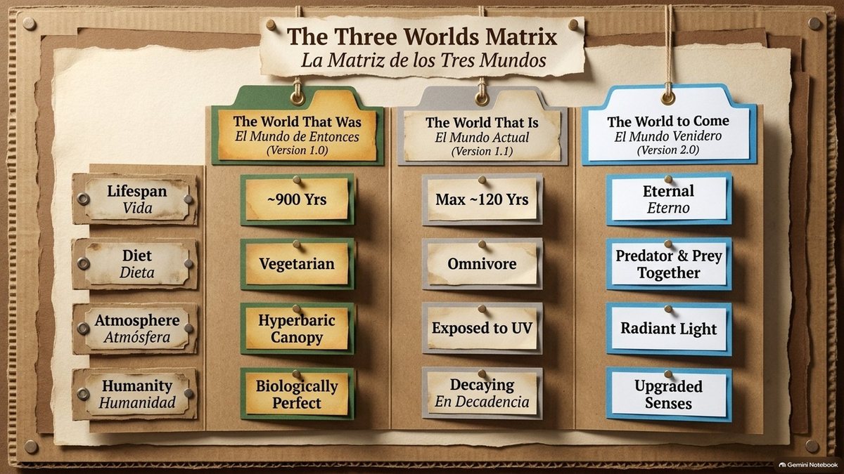 “The Three Worlds Matrix”: a chart comparing the World That Was (version 1.0: about 900 years, vegetarian, hyperbaric canopy, biologically perfect), the World That Is (version 1.1: up to about 120 years, omnivore, exposed to UV, decaying) and the World to Come (version 2.0: eternal, predator and prey together, radiant light, upgraded senses).